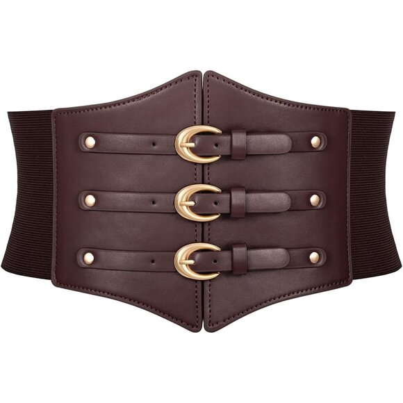 Women Corset Wide Stretch Waspie Elastic Waist Belt with Brown Buckle Gold - Picture 1 of 6